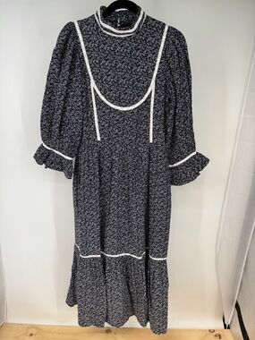 Meadows Cotton Retro Prairie Victorian Floral Lace Button Neck Zip Up Dress